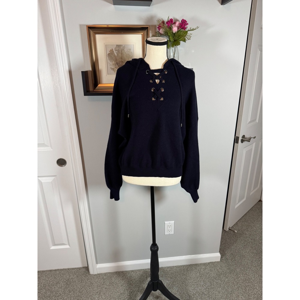 Philosophy Republic Clothing Navy Blue Lace Up Knit Hoodie Sweater Womens Medium